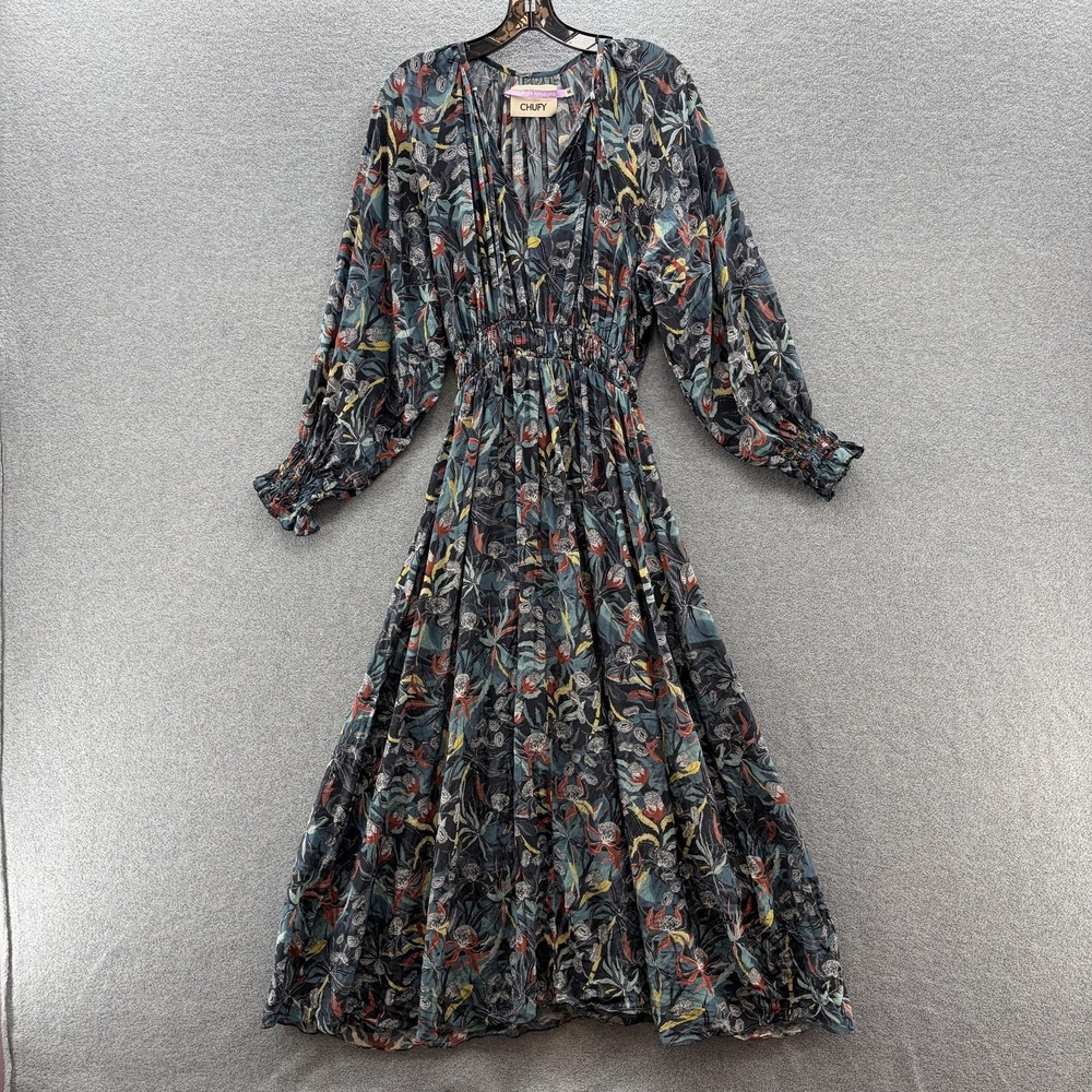 Chufy Dress Medium Green Silk Floral Balloon Sleeve Flowy Peasant Maxi Boho